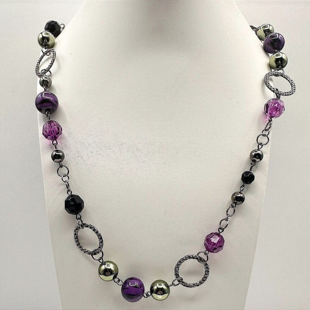 Vintage 90s Necklace Acrylic Beaded Silver Tone Boho Women's Classic Jewelry